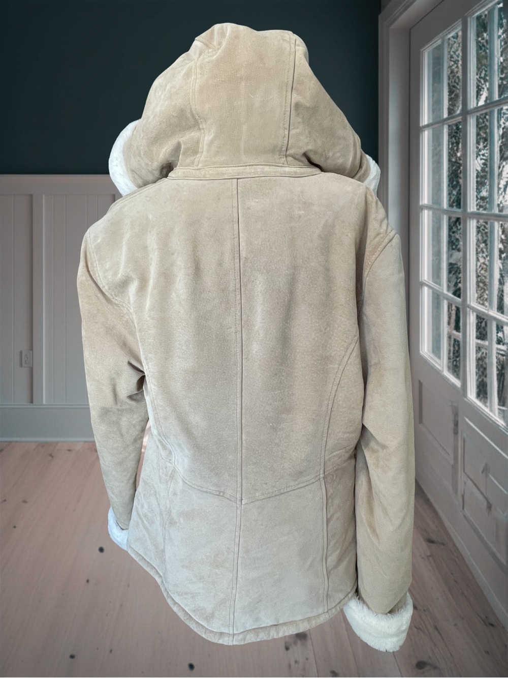 STEPHANIE ANDREWS Women's L Tan Suede Leather Hooded Faux Fur Shearling Jacket - Picture 5 of 15